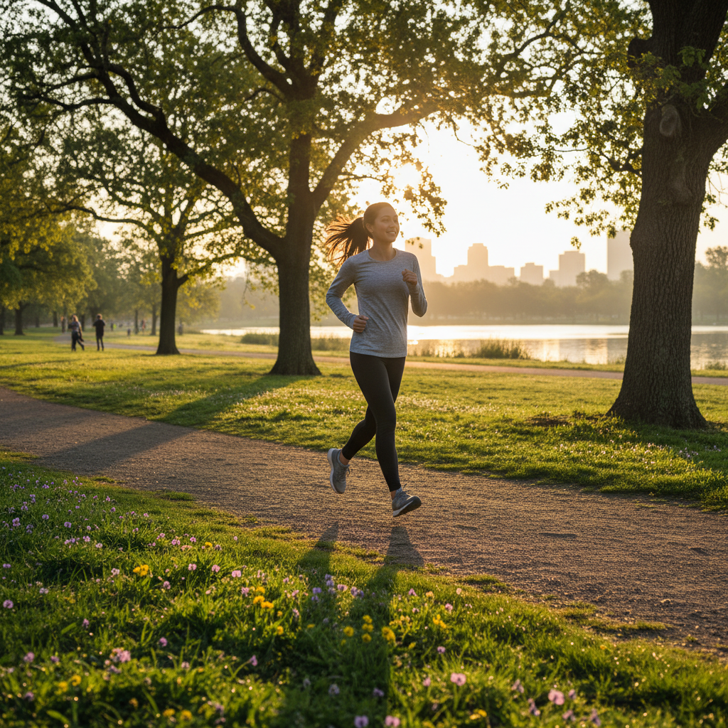 Seorang wanita muda yang terlihat energik sedang jogging di taman saat matahari terbit, senyum tipis di wajahnya, menunjukkan stamina dan vitalitas. Fotorealistik.