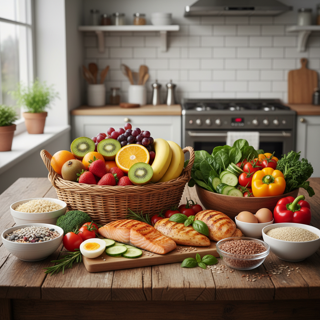 Berbagai jenis makanan sehat yang berwarna-warni diletakkan di atas meja dapur kayu: buah-buahan segar, sayuran hijau, protein tanpa lemak, dan biji-bijian utuh, menunjukkan diet seimbang. Fotorealistik.