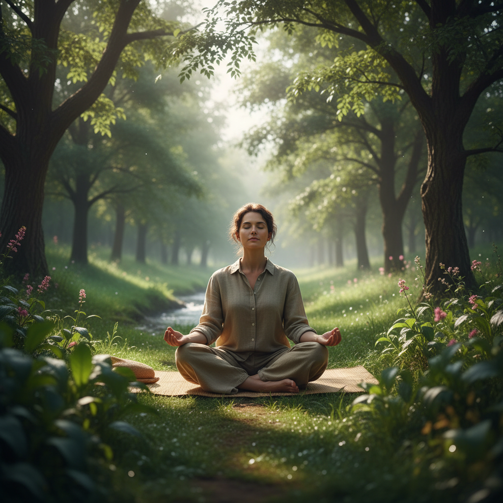 Seseorang sedang duduk tenang di taman hijau yang rindang, melakukan meditasi dengan mata tertutup, ekspresi wajah damai, mencerminkan ketahanan mental dan ketenangan. Fotorealistik.
