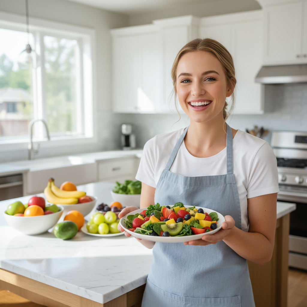 Seorang wanita muda yang ceria sedang tersenyum sambil memegang piring berisi salad buah-buahan segar dan sayuran hijau di dapur modern yang terang, dengan latar belakang mangkuk buah berwarna-warni. Gaya fotorealistik, pencahayaan alami.
