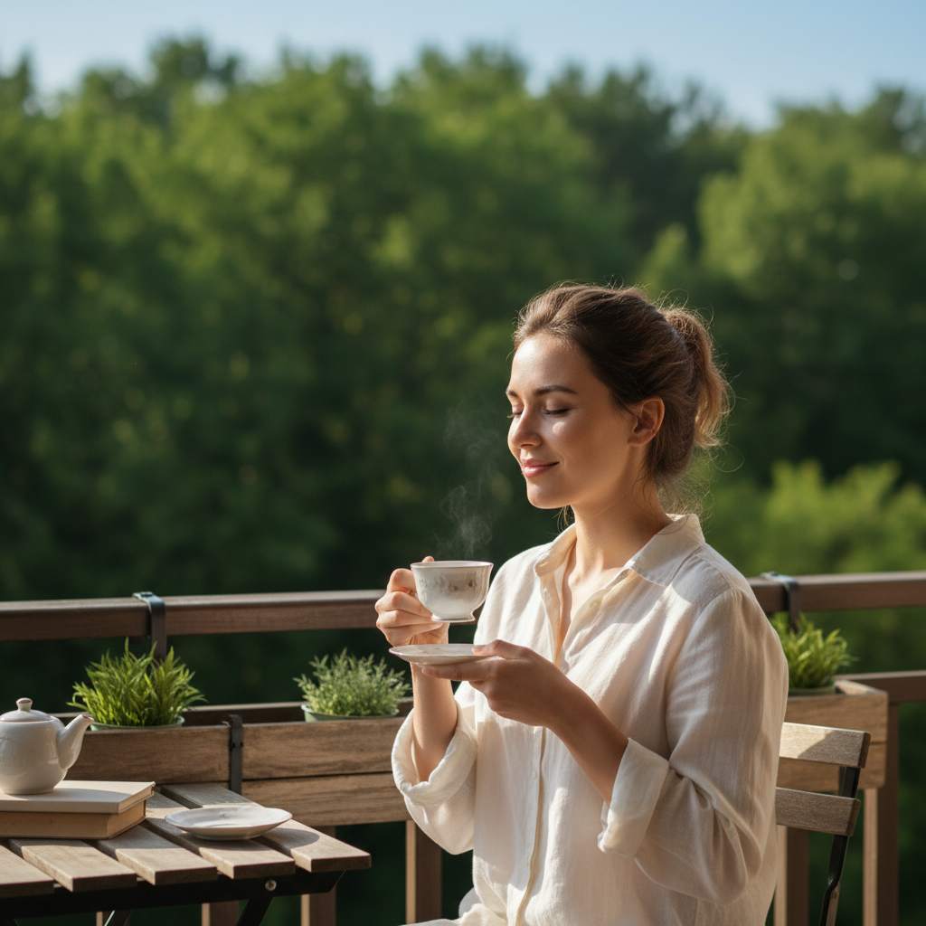 Seorang wanita muda tersenyum tenang sambil minum teh di balkon yang cerah, menunjukkan kedamaian dan keseimbangan batin, dengan latar belakang pepohonan hijau yang menenangkan. Gaya fotorealistik, pencahayaan alami.