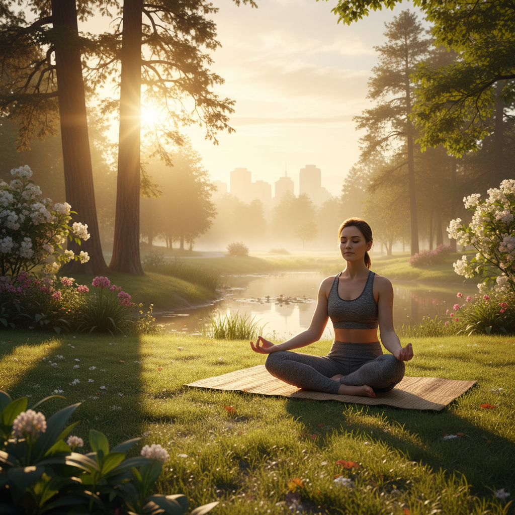 Seseorang sedang melakukan yoga ringan di taman yang hijau dan damai saat matahari terbit, dengan pose yang menunjukkan ketenangan dan perhatian penuh (mindfulness). Gaya fotorealistik, warna-warna lembut keemasan.